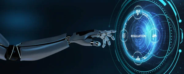 Норма Соответствия Нормативным Требованиям Робот Нажимает Кнопку Виртуальном Экране Рендеринг — стоковое фото