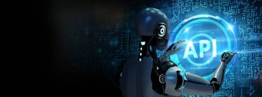 API - Uygulama Programı Arayüzü. Yazılım geliştirme aracı. Sanal ekranda robot tuşuna bas. 3d hazırlayıcı