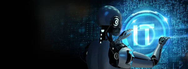 Консультант Представляет Облако Тегов Информационных Технологиях Робот Нажимает Кнопку Виртуальном — стоковое фото