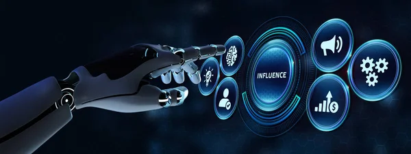 Influencer Marketing Concept Robot Premendo Pulsante Sullo Schermo Virtuale Rendering — Foto Stock