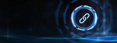 Soyut mavi arkaplanda zincir bağlantısı simgesi. Hiperlink zincir sembolü konsepti 3d illüstrasyon