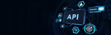 API - Uygulama Programı Arayüzü. Yazılım geliştirme aracı. İş, modern teknoloji, internet ve ağ kurma kavramı. 3B illüstrasyon