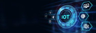 Nesnelerin interneti - IOT konsepti. İşadamı IOT ürünleri ve çözümler sunuyor. 3d illüstrasyon