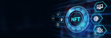 Sanal ekran 3D illüstrasyonunda NFT karşılanamaz dijital kripto