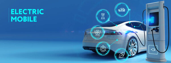 Электромобиль на зарядной станции. Кабель питания электромобиля подключен к кабине автозарядной станции футуристической современной технологии загрузки электроэнергии. Концепция ЭМ. 3d иллюстрация