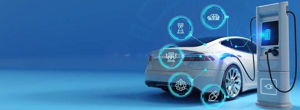 Электромобиль на зарядной станции. Кабель питания электромобиля подключен к кабине автозарядной станции футуристической современной технологии загрузки электроэнергии. Концепция ЭМ. 3d иллюстрация