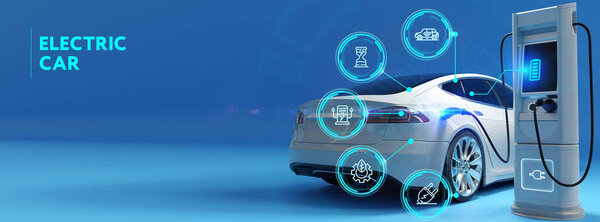 Электромобиль на зарядной станции. Кабель питания электромобиля подключен к кабине автозарядной станции футуристической современной технологии загрузки электроэнергии. Концепция ЭМ. 3d иллюстрация