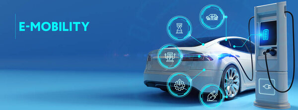 Электромобиль на зарядной станции. Кабель питания электромобиля подключен к кабине автозарядной станции футуристической современной технологии загрузки электроэнергии. Концепция ЭМ. 3d иллюстрация