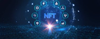 Sanal ekran 3D illüstrasyonunda NFT karşılanamaz dijital kripto