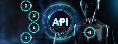 API - Uygulama Programı Arayüzü. Yazılım geliştirme aracı. İş, modern teknoloji, internet ve ağ kurma kavramı. 3d hazırlayıcı