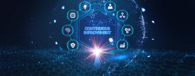 İş, teknoloji, internet ve şebeke kavramı. Geleceğin sanal ekranı ve yazıyı görüyor: sürekli gelişme. 3d illüstrasyon