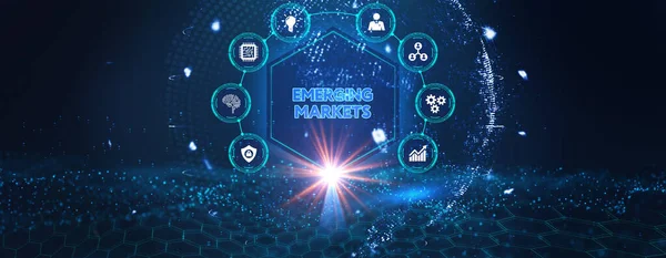 İş, Teknoloji, İnternet ve ağ konsepti. Geleceğin sanal ekranı ve yazıyı görüyor: gelişmekte olan pazarlar. 3d illüstrasyon