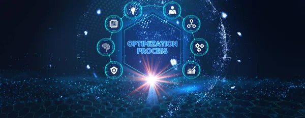 Optimizasyon Yazılım Teknolojisi Süreç Sistemi İş Konsepti. İş, Teknoloji, İnternet ve Ağ Konsepti 3D illüstrasyon