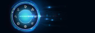 İş, Teknoloji, İnternet ve ağ konsepti. Genç işadamı geleceğin sanal ekranı üzerinde çalışıyor ve yazıyı görüyor: giriş. 3d illüstrasyon