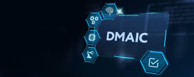 DMAIC, Altı Sigma. Tanımla, Ölç, Analiz et, Geliştir, Kontrol et. Standart kalite kontrol ve yassı imalat kavramı 3D illüstrasyon
