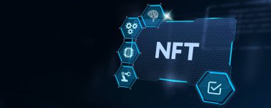 Sanal ekran 3D illüstrasyonunda NFT karşılanamaz dijital kripto