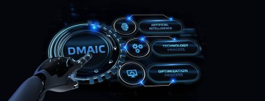 DMAIC, Altı Sigma. Tanımla, Ölç, Analiz et, Geliştir, Kontrol et. Standart kalite kontrol ve yassı imalat kavramı 3D illüstrasyon