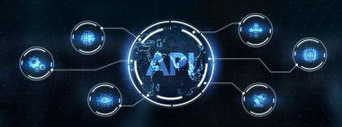 API - Uygulama Programı Arayüzü. Yazılım geliştirme aracı. İş, modern teknoloji, internet ve ağ konsepti 3D illüstrasyon