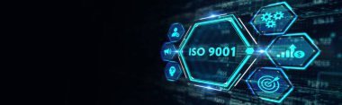 İş, teknoloji, internet ve şebeke kavramı. Geleceğin sanal ekranı ve yazıyı görüyor: ISO 9001. 3d illüstrasyon
