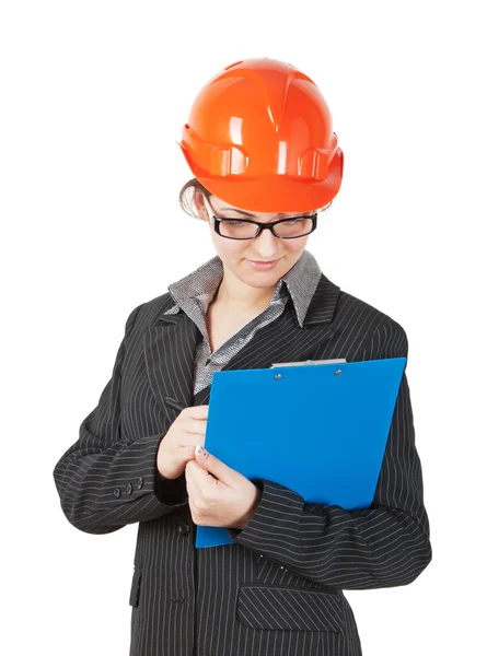 Femme dans le casque de construction — Photo