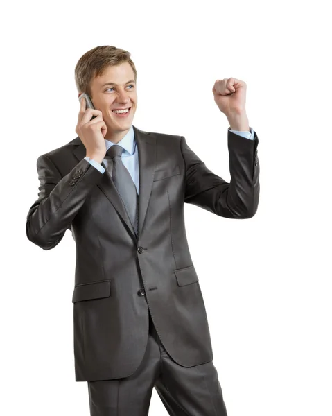 Joyful businessman with phone — Stock Photo, Image