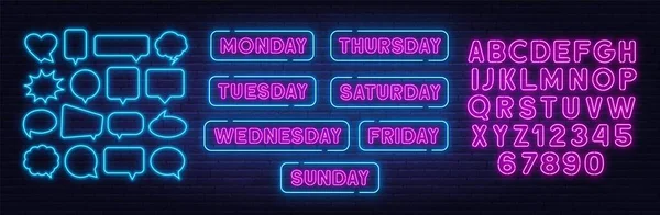 Domingo, segunda-feira, terça-feira, quinta-feira, quarta-feira, sexta-feira, sábado neon sign on brick wall background. — Vetor de Stock