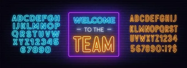 Witamy w Team neon znak na tle cegły. — Wektor stockowy