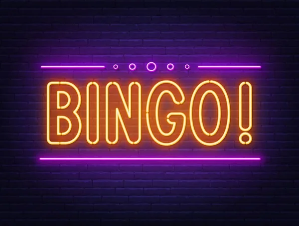 Bingo neon teken op bakstenen muur achtergrond. — Stockvector