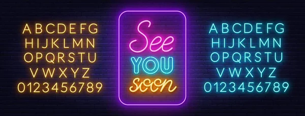 See You Soon neon lettering on brick wall background. — Stock Vector