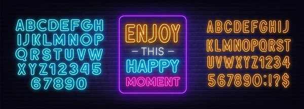 Profitez de cette citation au néon Happy Moment sur un mur de briques. — Image vectorielle