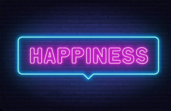 Happiness neon sign in the speech bubble on brick wall background. — Stock Vector