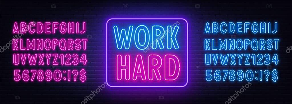 Work Hard neon lettering on brick wall background. Inspirational glowing sign. Neon pink and blue alphabet.