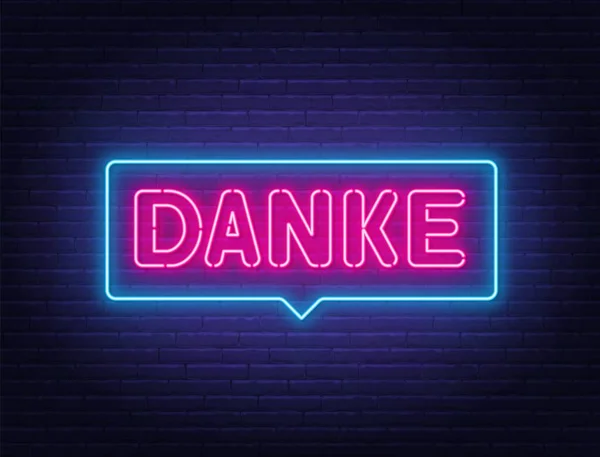 Danke neon sign in the speech bubble on brick wall background. — Stock Vector