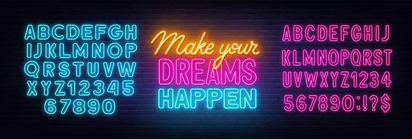 Make Your Dreams Happen neon napis na tle ściany z cegły. — Wektor stockowy