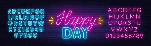 Happy Day neon Schriftzug auf Backsteinwand Hintergrund. — Stockvektor