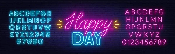 Happy Day neon γράμματα σε τούβλο τοίχο φόντο. Εικονογράφηση Αρχείου