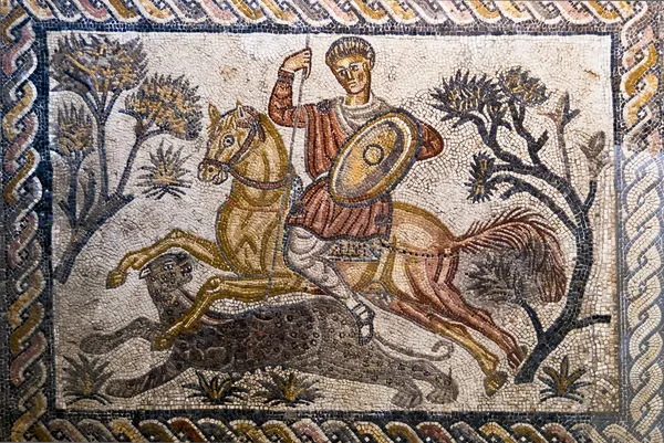 Rzymska mozaika człowieka na polowanie konia Obrazy Stockowe bez tantiem