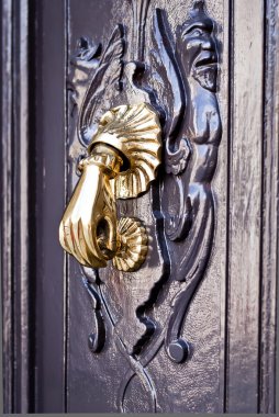 ahşap kapı parlak bronz tokmağı