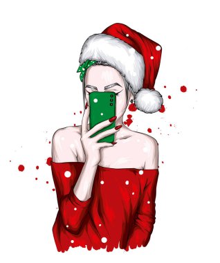 Noel şapkalı ve şık elbiseli güzel bir kız. Moda, tarz, giysi ve aksesuarlar. Yeni Yıl ve Noel. 