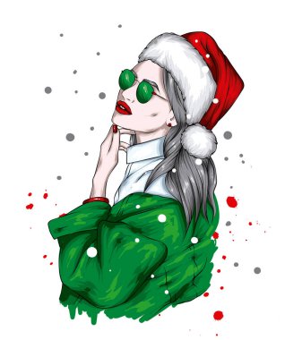 Noel şapkalı ve şık elbiseli güzel bir kız. Moda, tarz, giysi ve aksesuarlar. Yeni Yıl ve Noel. 