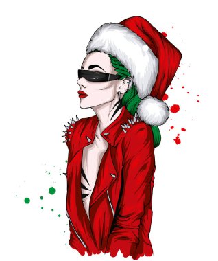 Noel şapkalı ve şık elbiseli güzel bir kız. Moda, tarz, giysi ve aksesuarlar. Yeni Yıl ve Noel. 