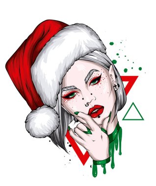 Noel şapkalı ve şık elbiseli güzel bir kız. Moda, tarz, giysi ve aksesuarlar. Yeni Yıl ve Noel. 