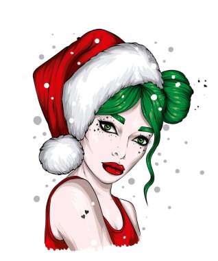 Noel şapkalı ve şık elbiseli güzel bir kız. Moda, tarz, giysi ve aksesuarlar. Yeni Yıl ve Noel. 