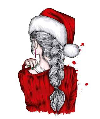 Noel şapkalı ve şık elbiseli güzel bir kız. Moda, tarz, giysi ve aksesuarlar. Yeni Yıl ve Noel. 