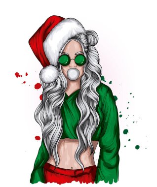 Noel şapkalı ve şık elbiseli güzel bir kız. Moda, tarz, giysi ve aksesuarlar. Yeni Yıl ve Noel. 