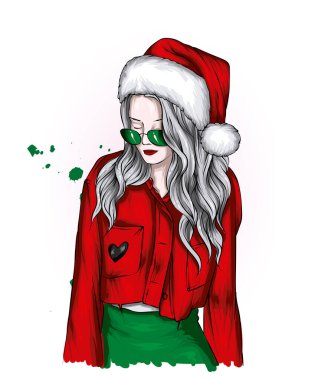 Noel şapkalı ve şık elbiseli güzel bir kız. Moda, tarz, giysi ve aksesuarlar. Yeni Yıl ve Noel. 