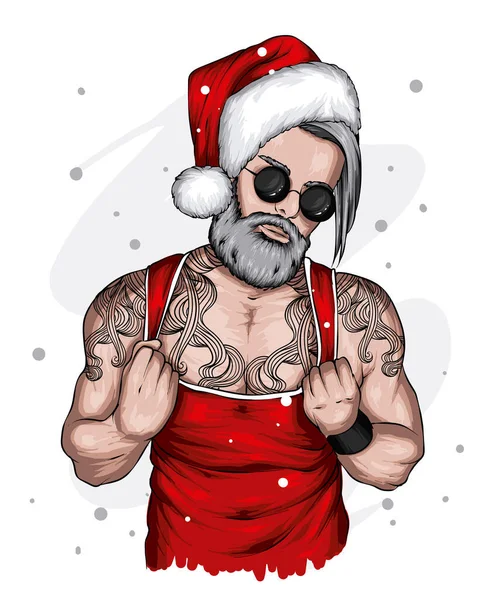 Noel şapkalı ve şık giyinmiş yakışıklı bir adam. Moda, tarz, giysi ve aksesuarlar. Yeni Yıl ve Noel.