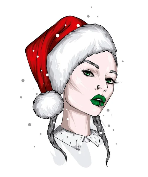 Schöne Mädchen Mit Weihnachtsmütze Und Stilvoller Kleidung Mode Und Stil — Stockvektor