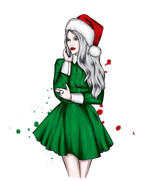 Красивая Девушка Рождественской Шляпе Стильной Одежде Мода Стиль Одежда Аксессуары — стоковый вектор
