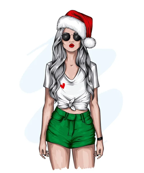 Hermosa Chica Sombrero Navidad Ropa Elegante Moda Estilo Ropa Accesorios — Vector de stock